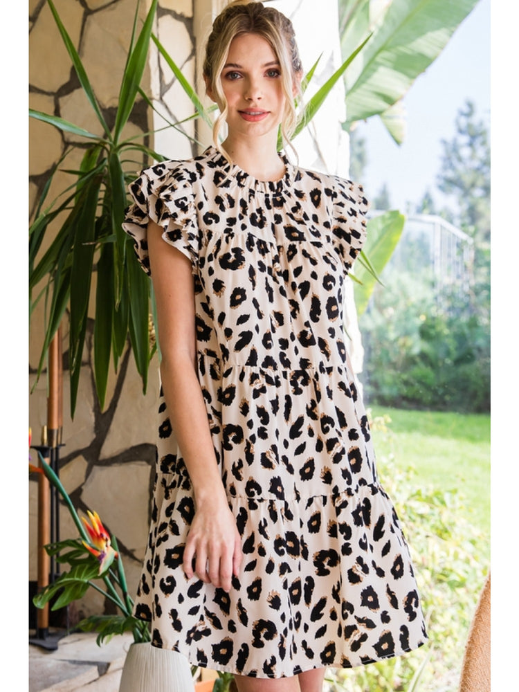 Leopard Ruffle Sleeve Dress | Ivory
