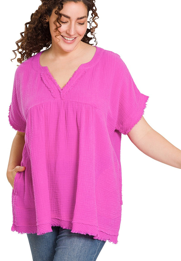 Raw Edge Top With Pockets | Neon Pink